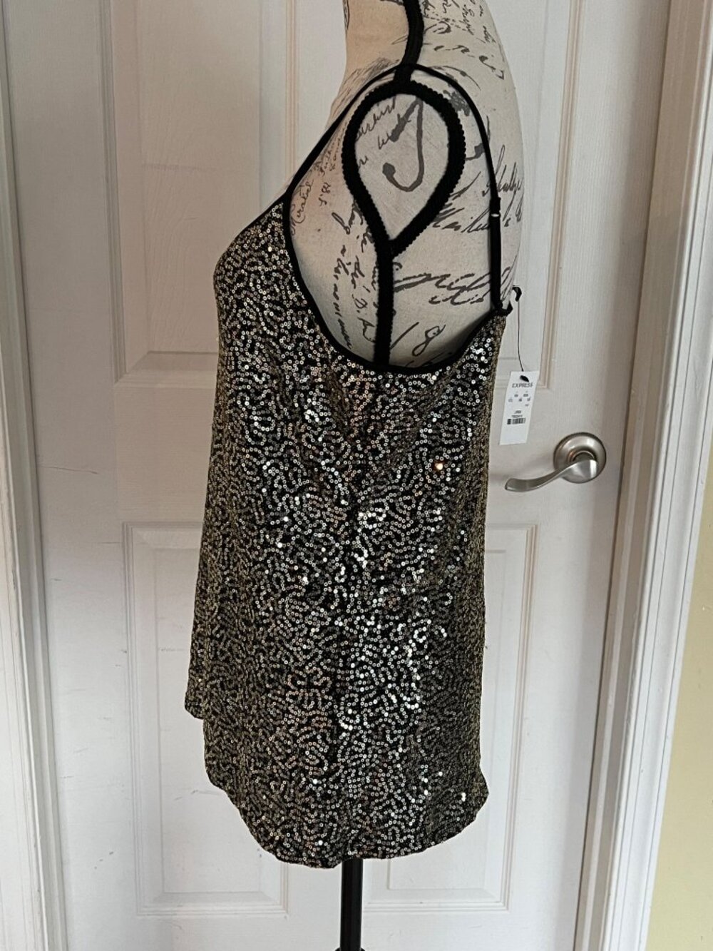 Express Gold Sequin Black Tank Top Bling Cami Sparkle Party K2K Night Out NEW L - Picture 4 of 9